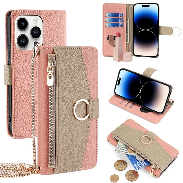 For iPhone 14 Pro Case PU Leather+TPU Zipper Pocket Makeup Mirror Phone Protector - Pink