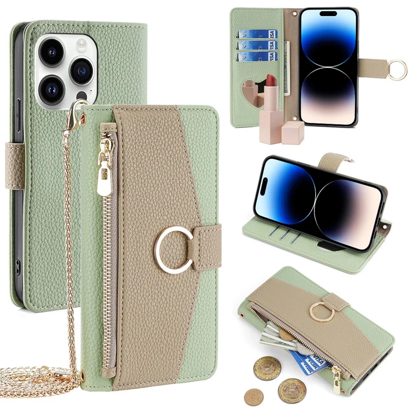 For iPhone 14 Pro Case PU Leather+TPU Zipper Pocket Makeup Mirror Phone Protector - Green
