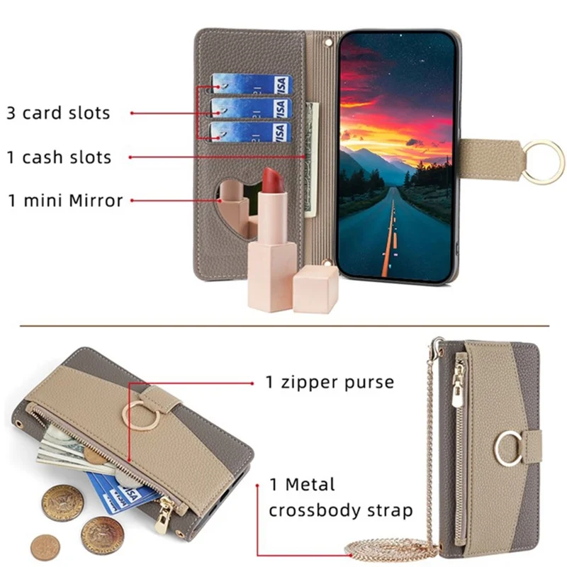 Für iPhone 14 Pro Case PU Leder + TPU Reißverschlusstasche Makeup-Spiegel Handyhülle - Grau