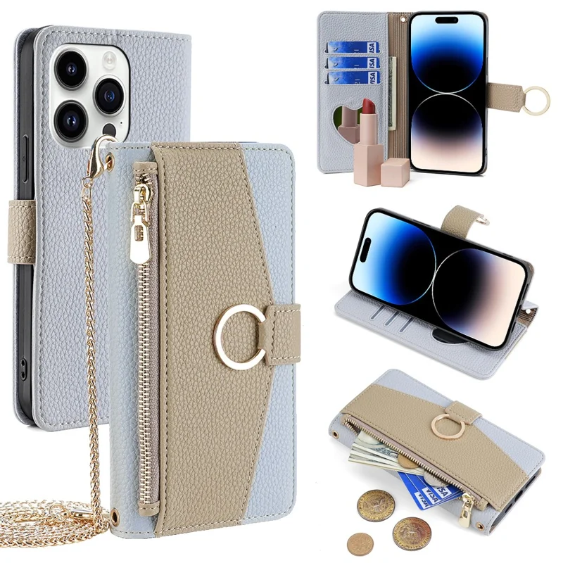 For iPhone 14 Pro Case PU Leather+TPU Zipper Pocket Makeup Mirror Phone Protector - Blue