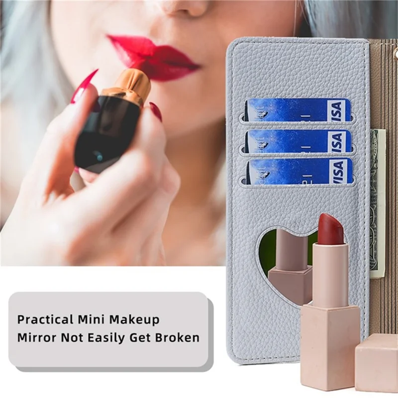 For iPhone 14 Pro Case PU Leather+TPU Zipper Pocket Makeup Mirror Phone Protector - Blue