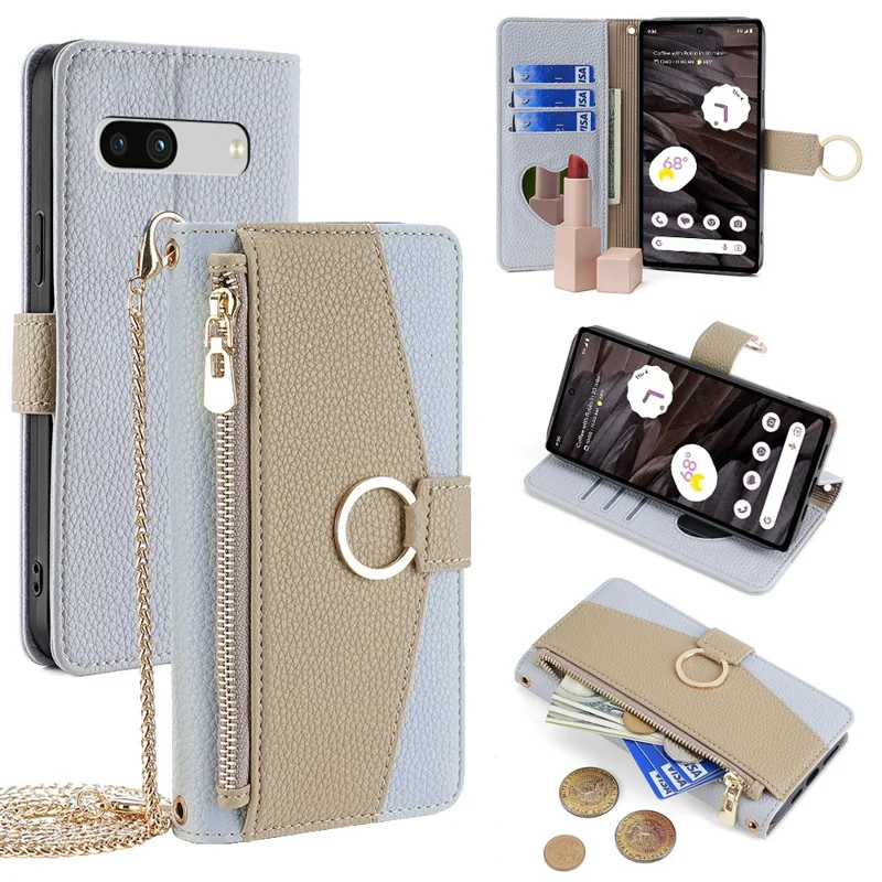 For Google Pixel 7a Cell Phone Cases Crossbody PU Leather Wallet Cover with Makeup Mirror - Blue
