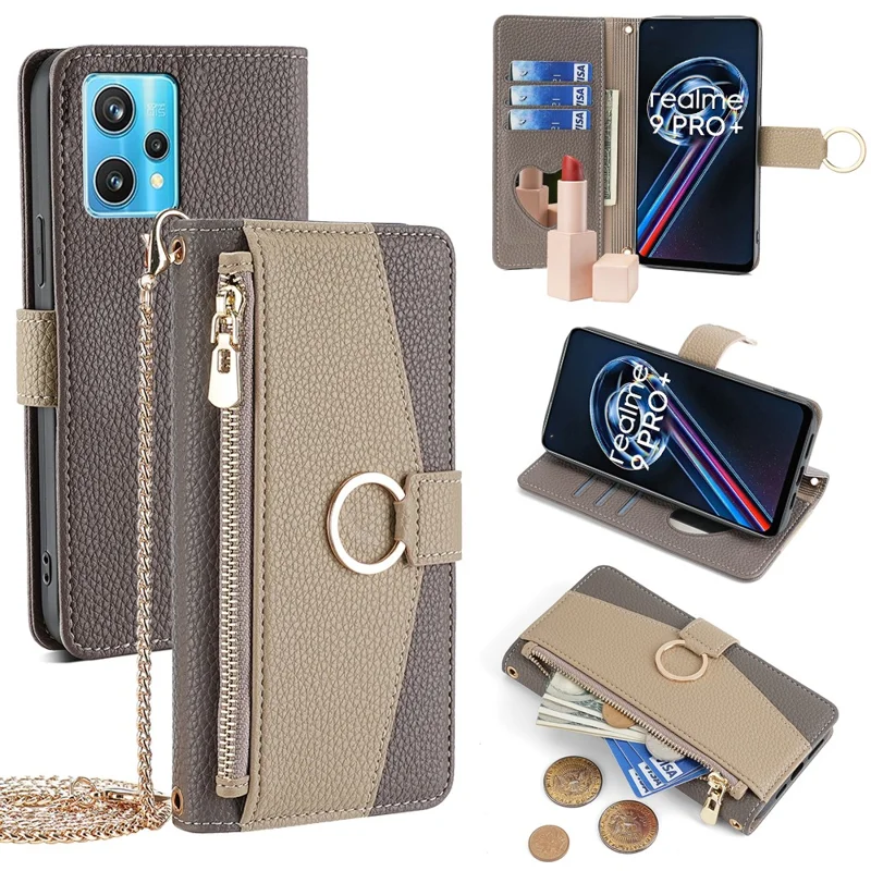 For Realme 9 Pro+ 5G Leather Case Crossbody Phone Cover with Zipper Pocket - Grey