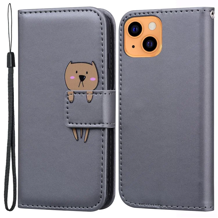 For iPhone 13 6.1 inch Cartoon Animal Pattern Cell Phone Cases with Strap PU Leather+TPU Cover - Grey