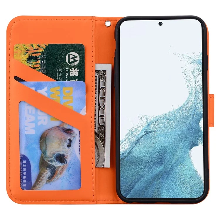 For Samsung Galaxy S23 Cell Phone Case Cartoon Animal Pattern Leather Stand Cover - Orange