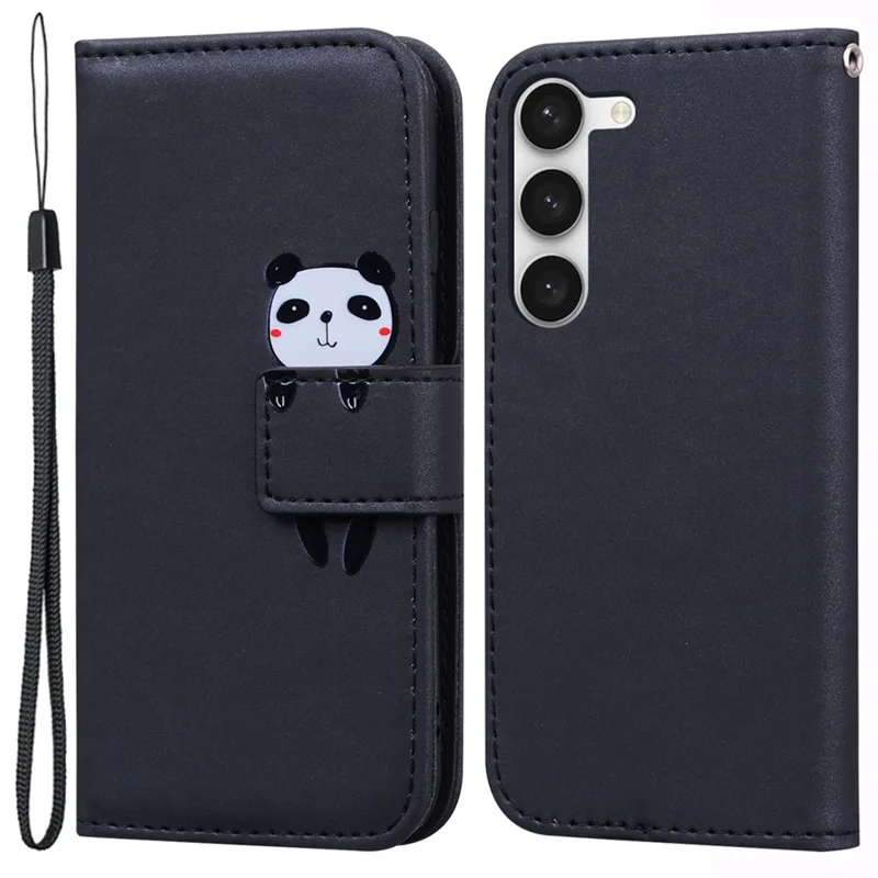 For Samsung Galaxy S23+ Cell Phone Case Cartoon Animal Flip PU Leather Shell with Strap - Black