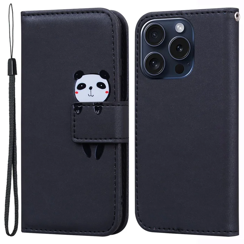 For iPhone 15 Pro Cell Phone Case Cute Animal Pattern PU Leather Cover with Wallet - Black