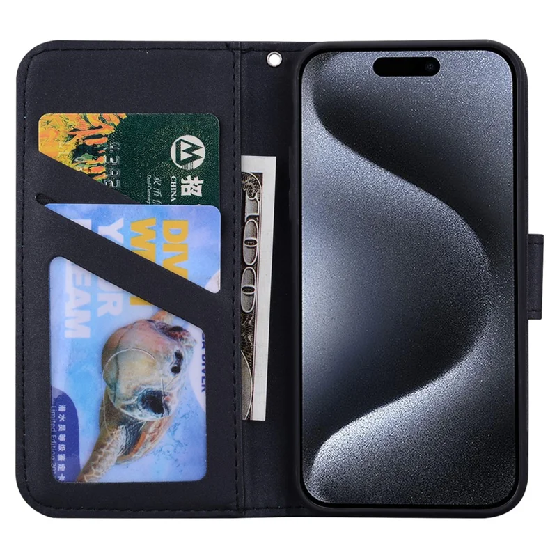 For iPhone 15 Pro Cell Phone Case Cute Animal Pattern PU Leather Cover with Wallet - Black