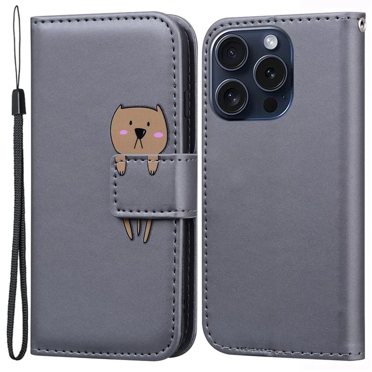 Pour iPhone 15 Pro Max Cover Cute Animal Pattern Leather Wallet Stand Cell Phone Case - Grey
