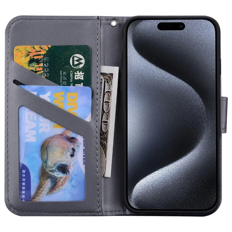 Pour iPhone 15 Pro Max Cover Cute Animal Pattern Leather Wallet Stand Cell Phone Case - Grey
