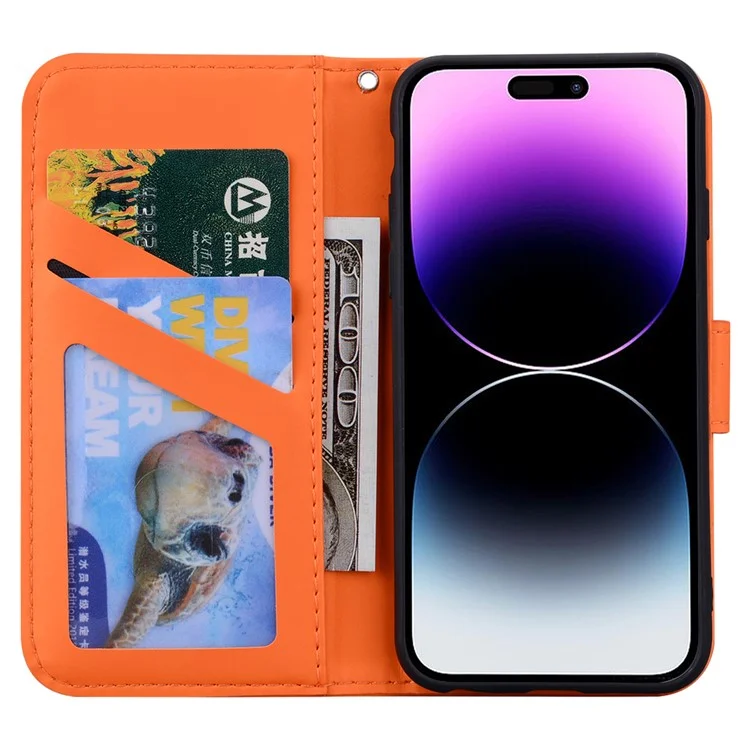 For iPhone 14 Pro Cell Phone Case PU Leather Shell with Cartoon Animal Pattern - Orange