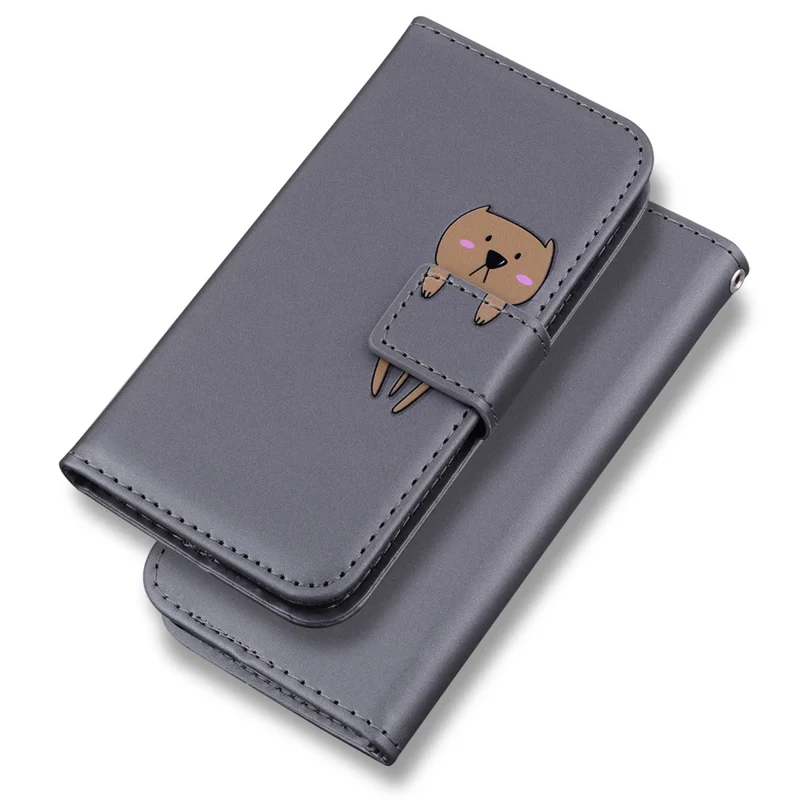For iPhone 15 Plus Cell Phone Case Cartoon Animal Pattern Anti-drop PU Leather Cover - Grey