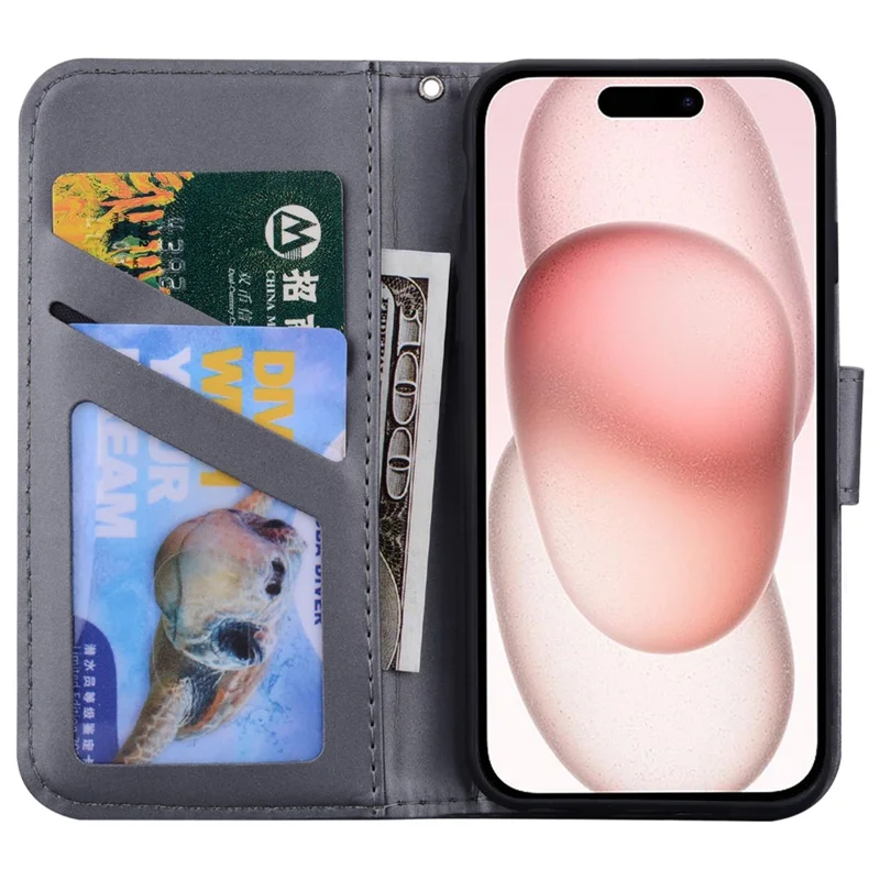 For iPhone 15 Plus Cell Phone Case Cartoon Animal Pattern Anti-drop PU Leather Cover - Grey