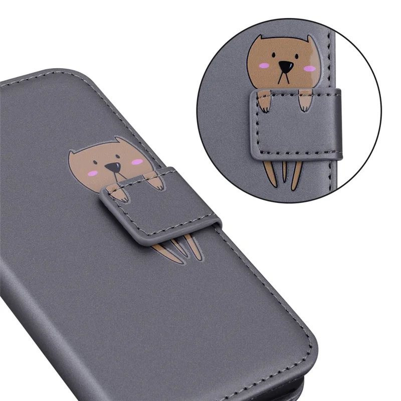For iPhone 15 Plus Cell Phone Case Cartoon Animal Pattern Anti-drop PU Leather Cover - Grey