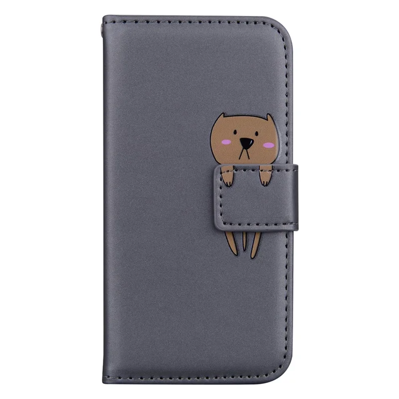 For iPhone 15 Plus Cell Phone Case Cartoon Animal Pattern Anti-drop PU Leather Cover - Grey