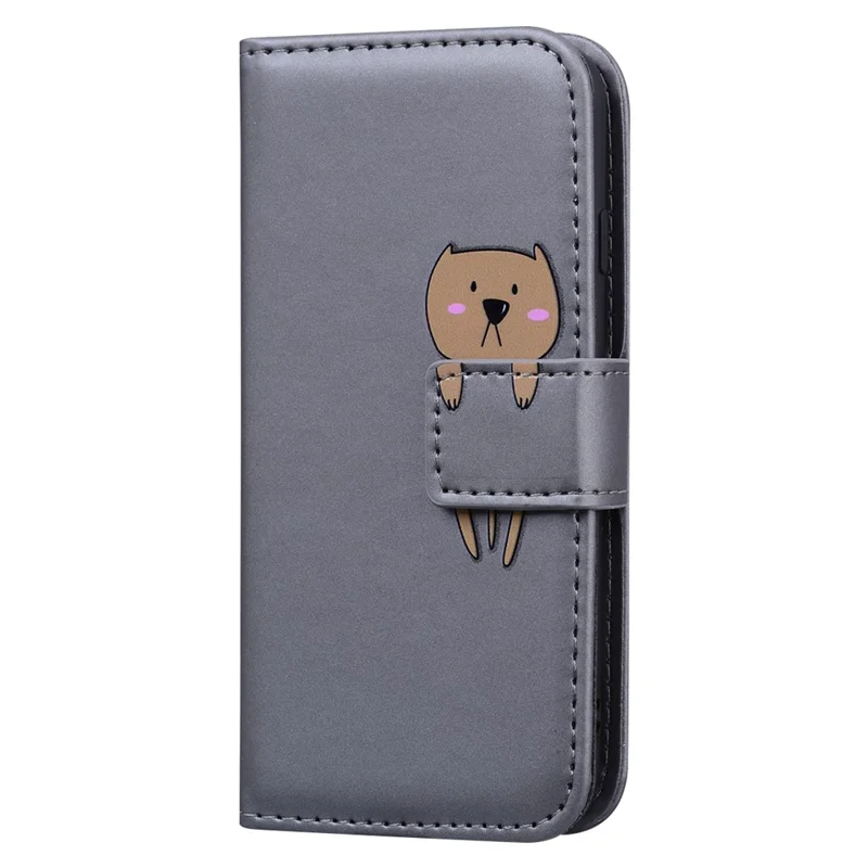For iPhone 15 Plus Cell Phone Case Cartoon Animal Pattern Anti-drop PU Leather Cover - Grey