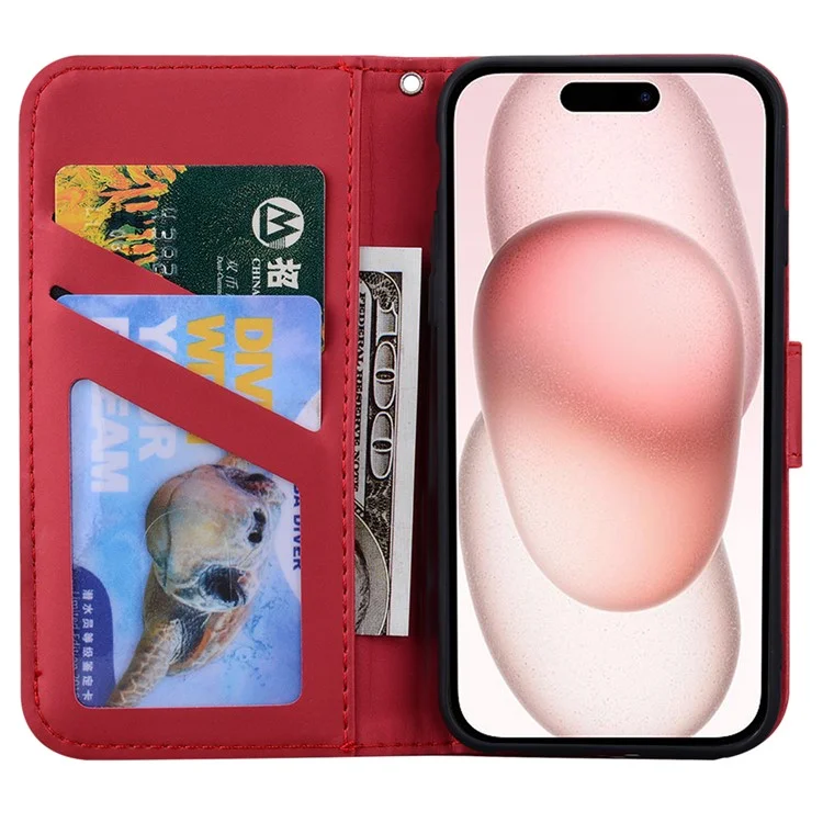 For iPhone 15 Plus Cell Phone Case Cartoon Animal Pattern Anti-drop PU Leather Cover - Red