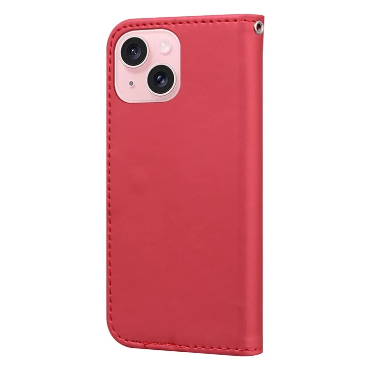 For iPhone 15 Plus Cell Phone Case Cartoon Animal Pattern Anti-drop PU Leather Cover - Red