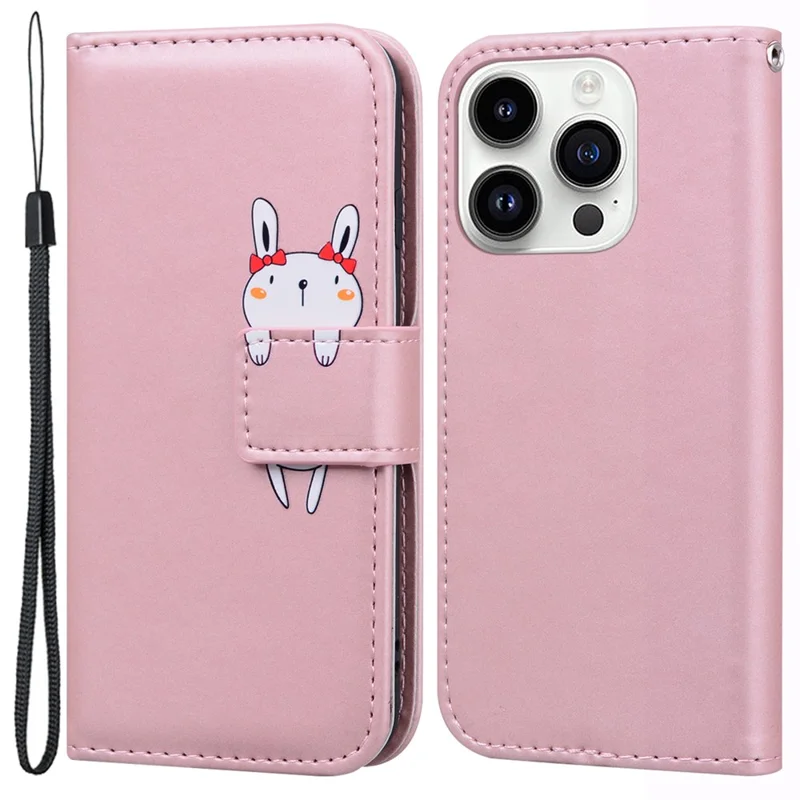 For iPhone 14 Pro Max Cell Phone Case Animal Pattern PU Leather Wallet Stand Cover with Strap - Pink