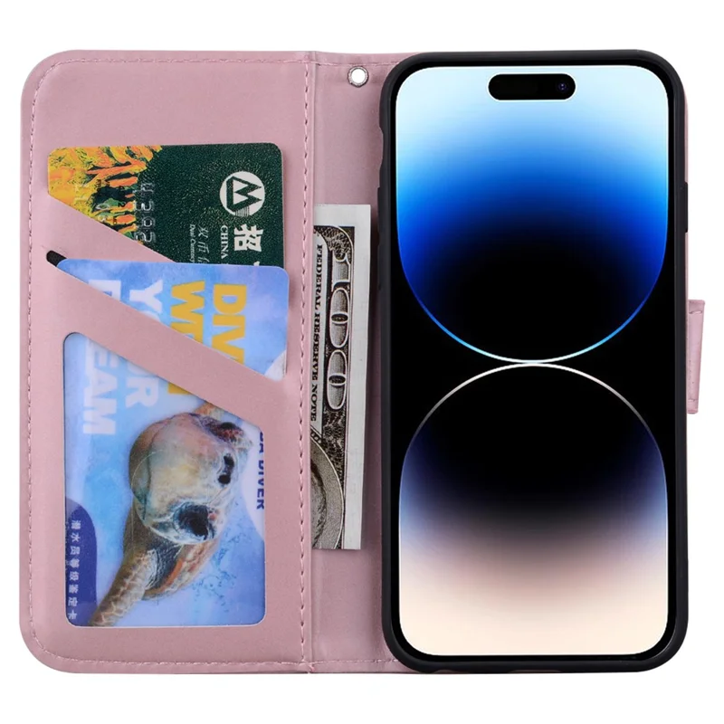 For iPhone 14 Pro Max Cell Phone Case Animal Pattern PU Leather Wallet Stand Cover with Strap - Pink