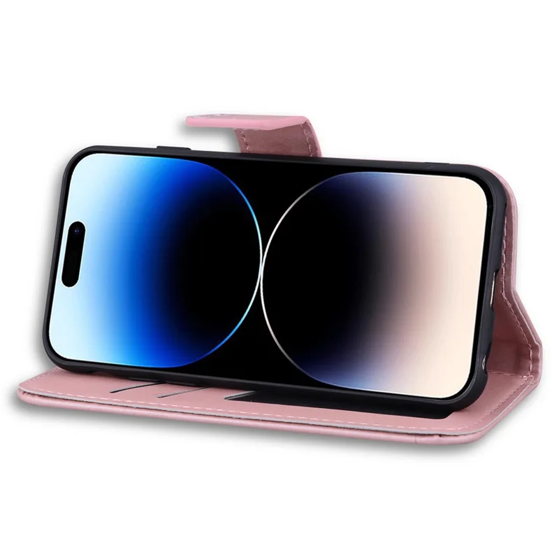 For iPhone 14 Pro Max Cell Phone Case Animal Pattern PU Leather Wallet Stand Cover with Strap - Pink