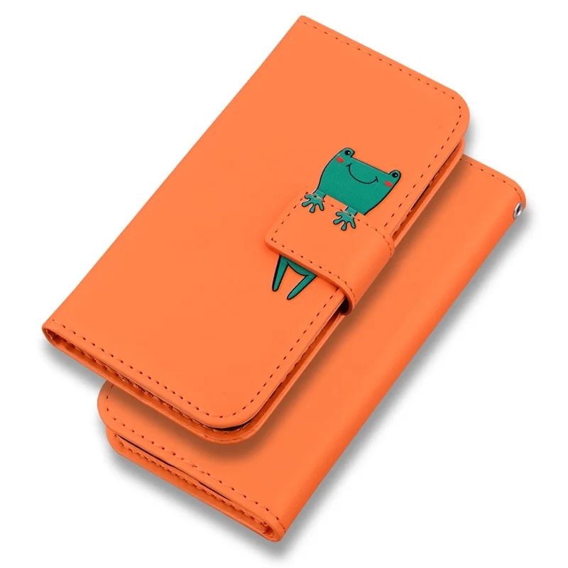 For iPhone 14 Pro Max Cell Phone Case Animal Pattern PU Leather Wallet Stand Cover with Strap - Orange