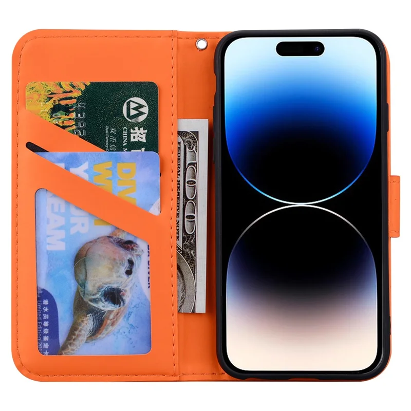 For iPhone 14 Pro Max Cell Phone Case Animal Pattern PU Leather Wallet Stand Cover with Strap - Orange