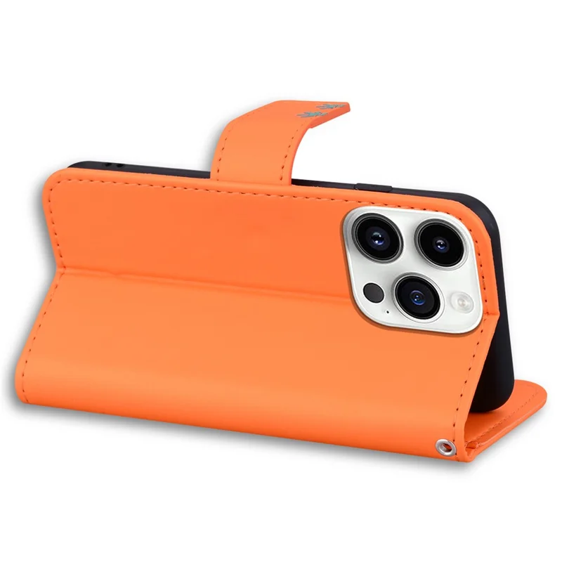 For iPhone 14 Pro Max Cell Phone Case Animal Pattern PU Leather Wallet Stand Cover with Strap - Orange