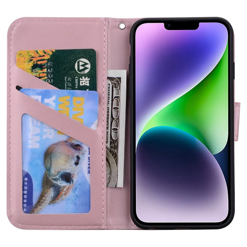 For iPhone 14 Plus Cell Phone Case Anti-drop PU Leather Wallet Stand Cover - Pink