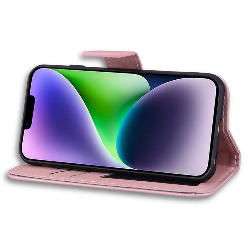 For iPhone 14 Plus Cell Phone Case Anti-drop PU Leather Wallet Stand Cover - Pink