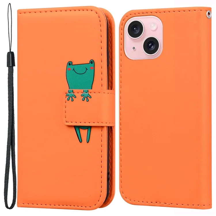Für iPhone 15 Cover Cartoon-Muster-Lederbrieftasche Stehen Anti-Fall Handy-Hülle - Orange