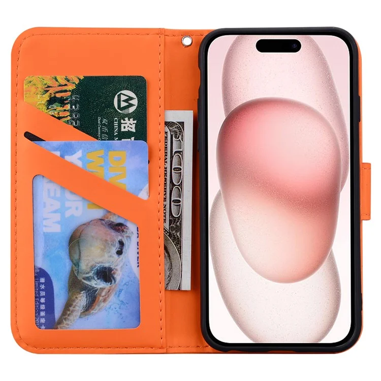 Für iPhone 15 Cover Cartoon-Muster-Lederbrieftasche Stehen Anti-Fall Handy-Hülle - Orange