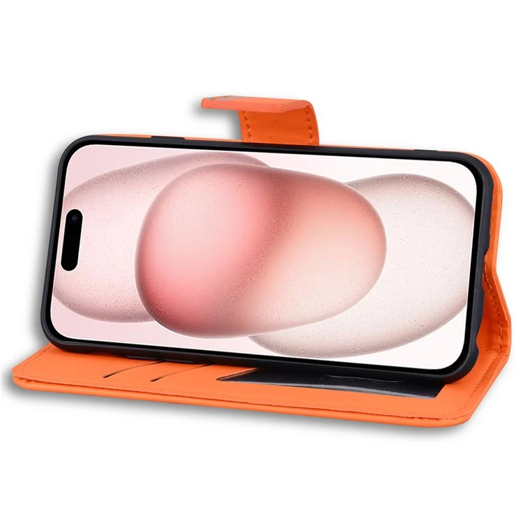Für iPhone 15 Cover Cartoon-Muster-Lederbrieftasche Stehen Anti-Fall Handy-Hülle - Orange