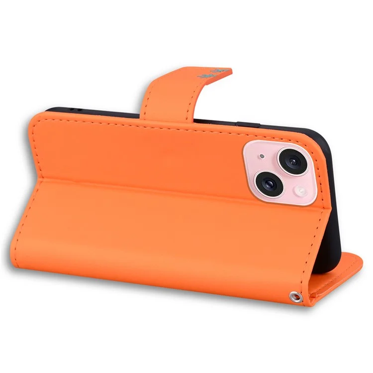 Für iPhone 15 Cover Cartoon-Muster-Lederbrieftasche Stehen Anti-Fall Handy-Hülle - Orange