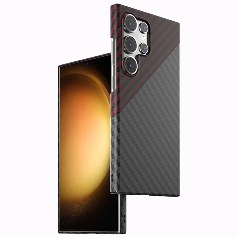 For Samsung Galaxy S23 Ultra Case Carbon Fiber Texture Ant-fingerprint Smartphone Back Cover - Black+Red