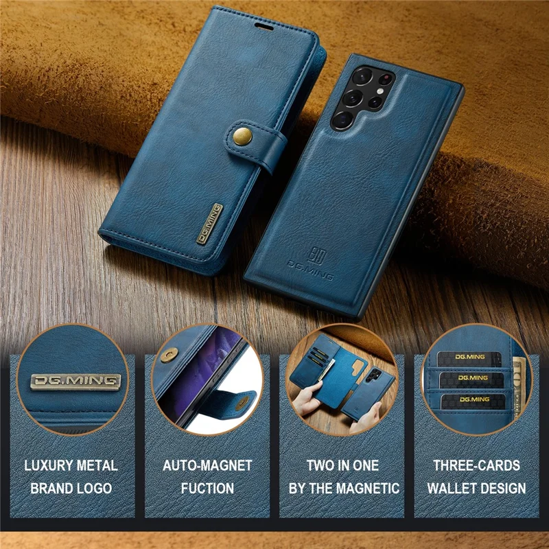 DG.MING for Samsung Galaxy S24 Ultra Case Detachable Split Leather Cover with Stand Wallet - Blue
