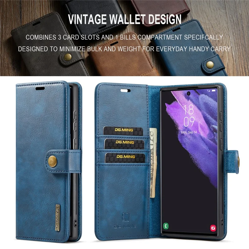 DG.MING for Samsung Galaxy S24 Ultra Case Detachable Split Leather Cover with Stand Wallet - Blue