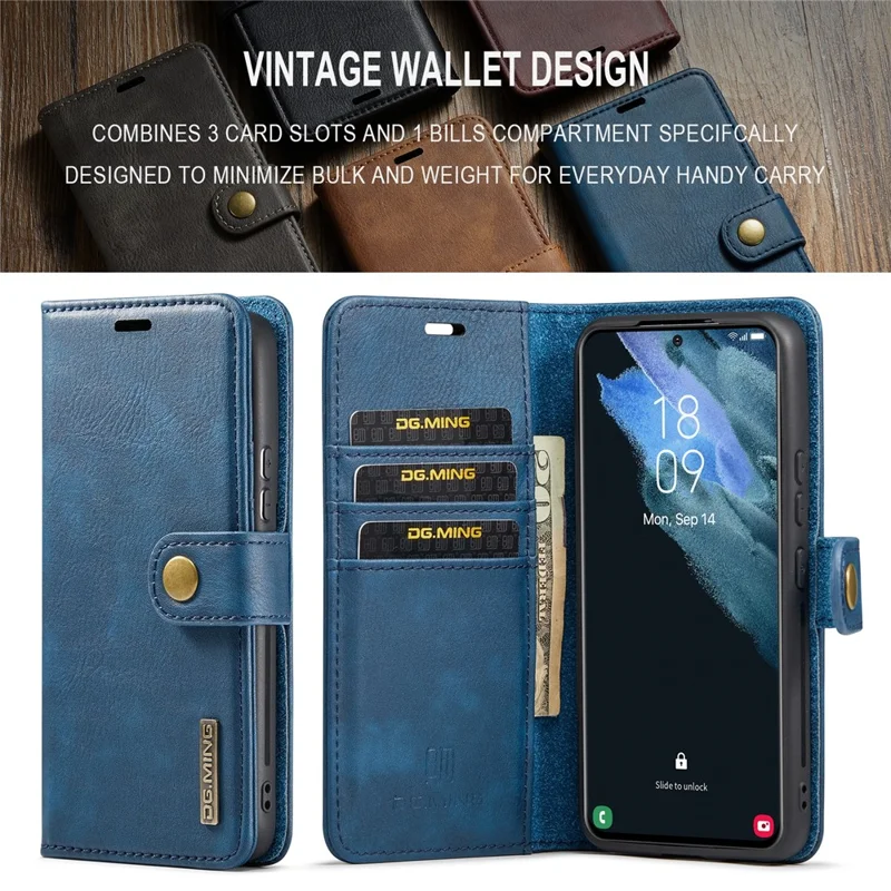 DG.MING for Samsung Galaxy S24+ Case Split Leather Wallet Detachable Phone Cover - Blue
