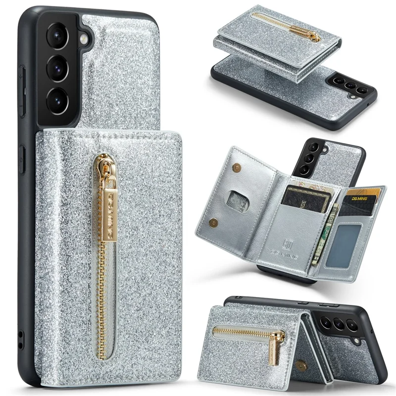 DG.MING M3 Series For Samsung Galaxy S24+ Case Glittery Kickstand Cover with Detachable Wallet - Silver