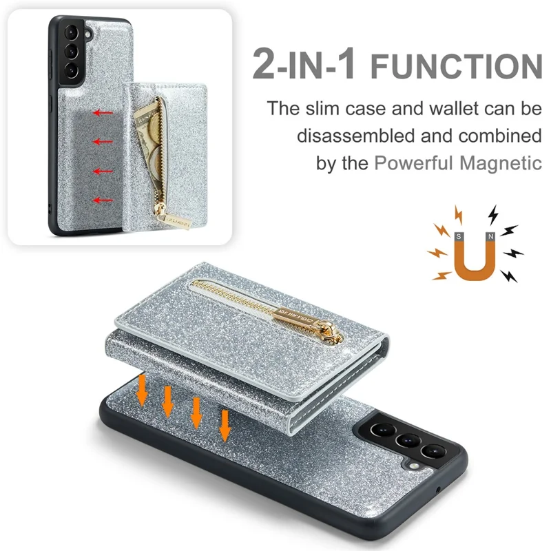 DG.MING M3 Series For Samsung Galaxy S24+ Case Glittery Kickstand Cover with Detachable Wallet - Silver