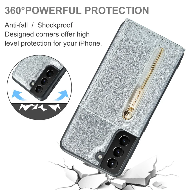 DG.MING M3 Series For Samsung Galaxy S24+ Case Glittery Kickstand Cover with Detachable Wallet - Silver