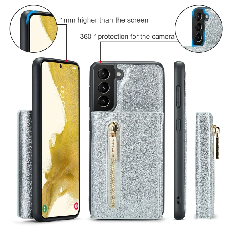 DG.MING M3 Series For Samsung Galaxy S24+ Case Glittery Kickstand Cover with Detachable Wallet - Silver