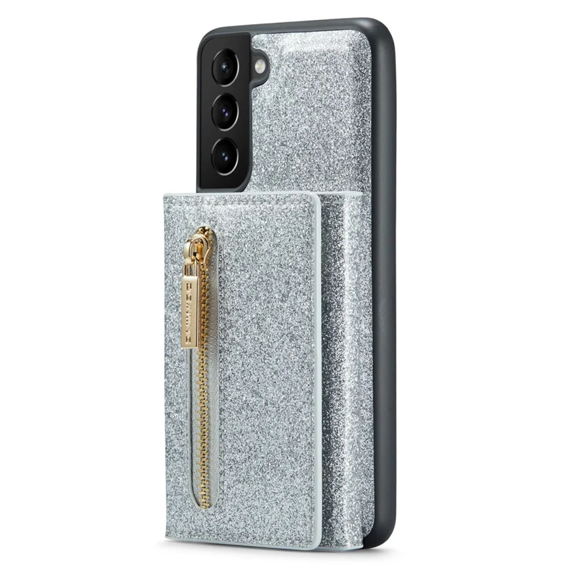 DG.MING M3 Series For Samsung Galaxy S24+ Case Glittery Kickstand Cover with Detachable Wallet - Silver