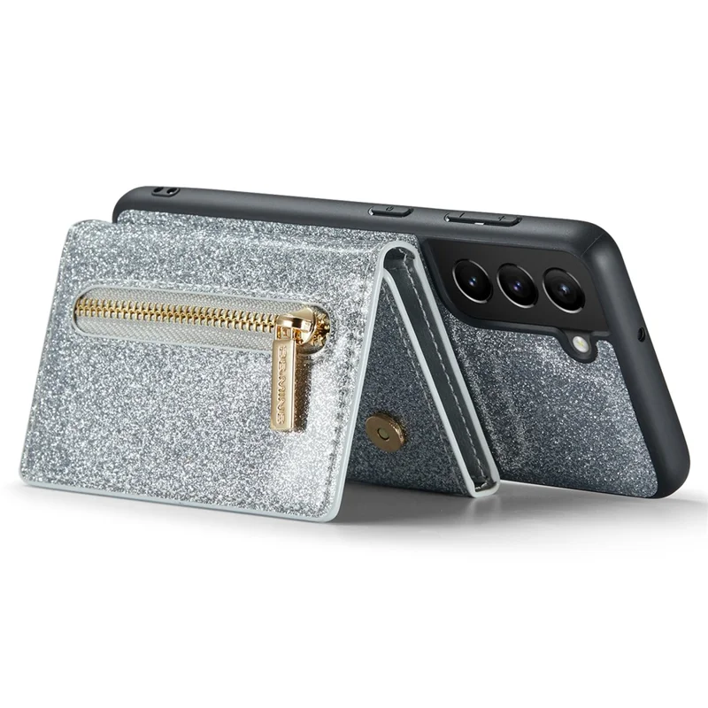 DG.MING M3 Series For Samsung Galaxy S24+ Case Glittery Kickstand Cover with Detachable Wallet - Silver