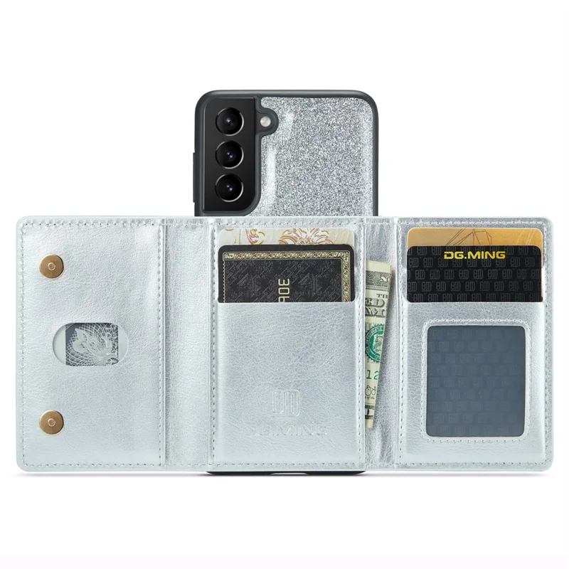 DG.MING M3 Series For Samsung Galaxy S24+ Case Glittery Kickstand Cover with Detachable Wallet - Silver