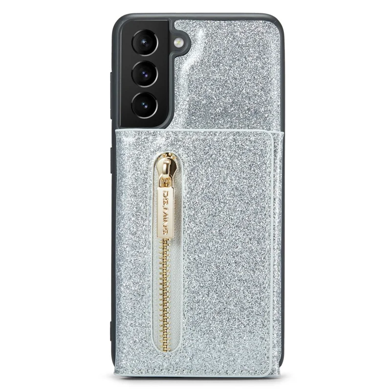 DG.MING M3 Series For Samsung Galaxy S24+ Case Glittery Kickstand Cover with Detachable Wallet - Silver