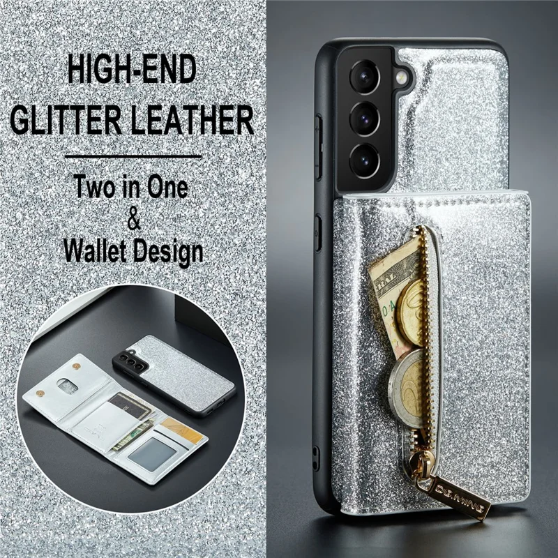 DG.MING M3 Series For Samsung Galaxy S24+ Case Glittery Kickstand Cover with Detachable Wallet - Silver