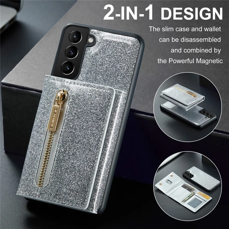 DG.MING M3 Series For Samsung Galaxy S24+ Case Glittery Kickstand Cover with Detachable Wallet - Silver