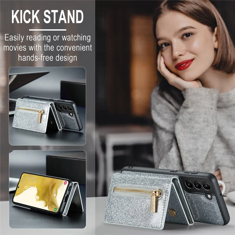 DG.MING M3 Series For Samsung Galaxy S24+ Case Glittery Kickstand Cover with Detachable Wallet - Silver