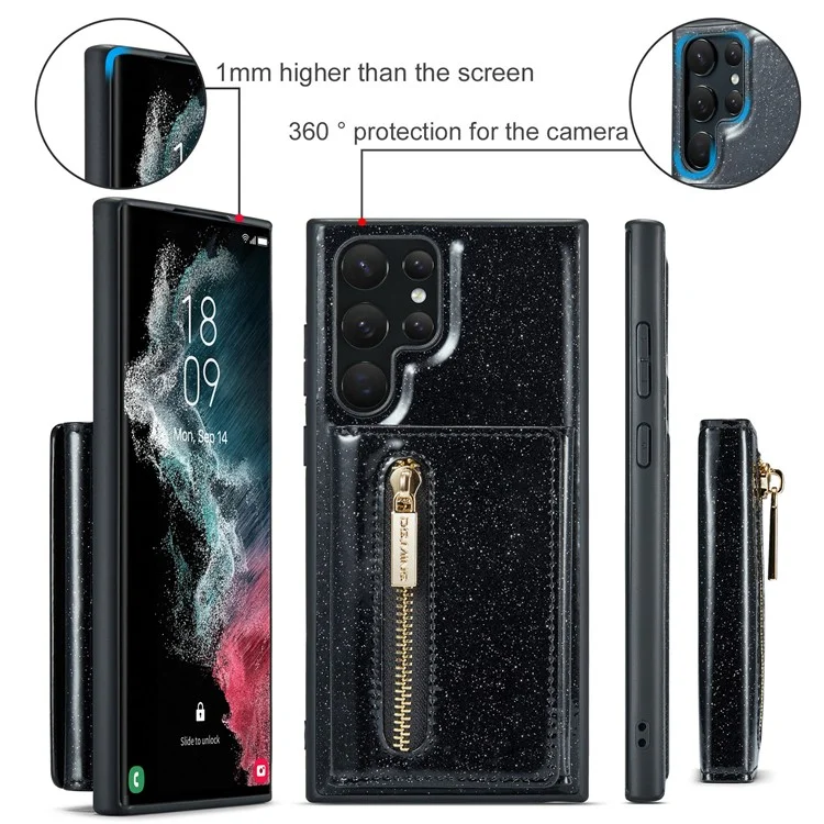 DG.MING M3 Series For Samsung Galaxy S24 Ultra Case Detachable Wallet Phone Kickstand Cover - Black